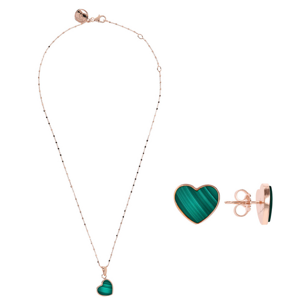Set aus Ohrsteckern und Halskette mit grünen Malachit-Herzen