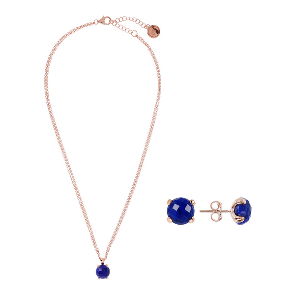 Stud Earrings and Double Chain Necklace Set with Faceted Lapis Lazuli Pendant