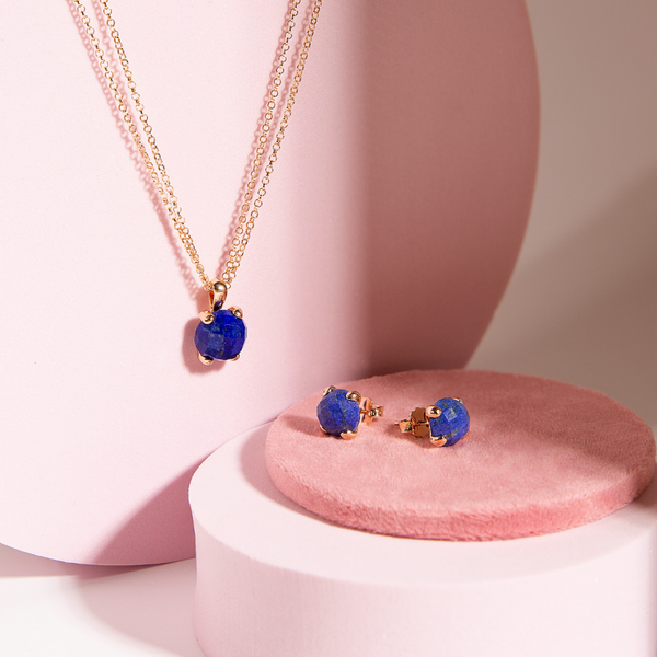 Stud Earrings and Double Chain Necklace Set with Faceted Lapis Lazuli Pendant