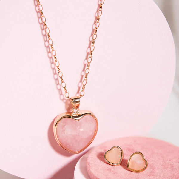 Set of Heart Stud Earrings and Long Necklace with Faceted Rose Quartz Element