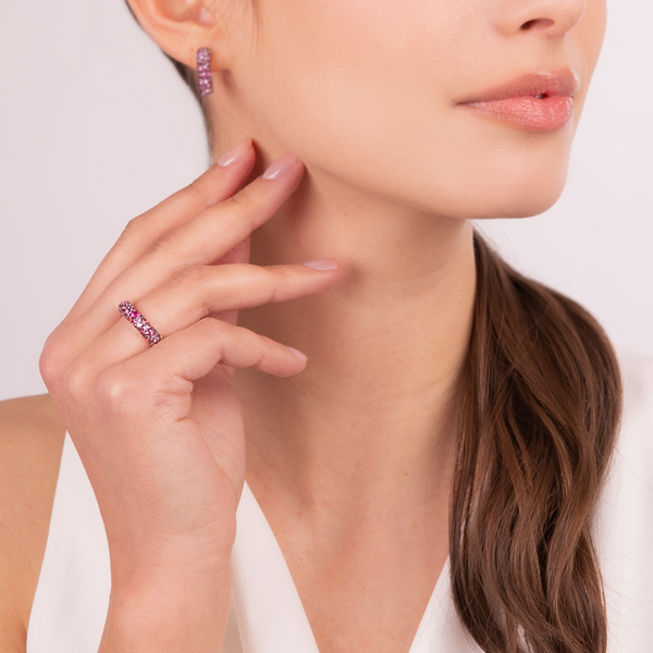 Set of Pavé Square Earrings and Riviera Ring in Pink Cubic Zirconia