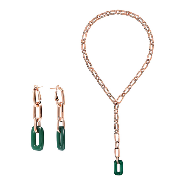 Set of Pendant Earrings and Tie Necklace with Oval and Rectangular Links in Green Agate