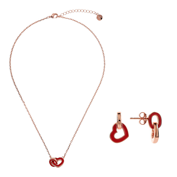 Set of Necklace and Earrings with Double Enamelled Heart Element and Oval Link