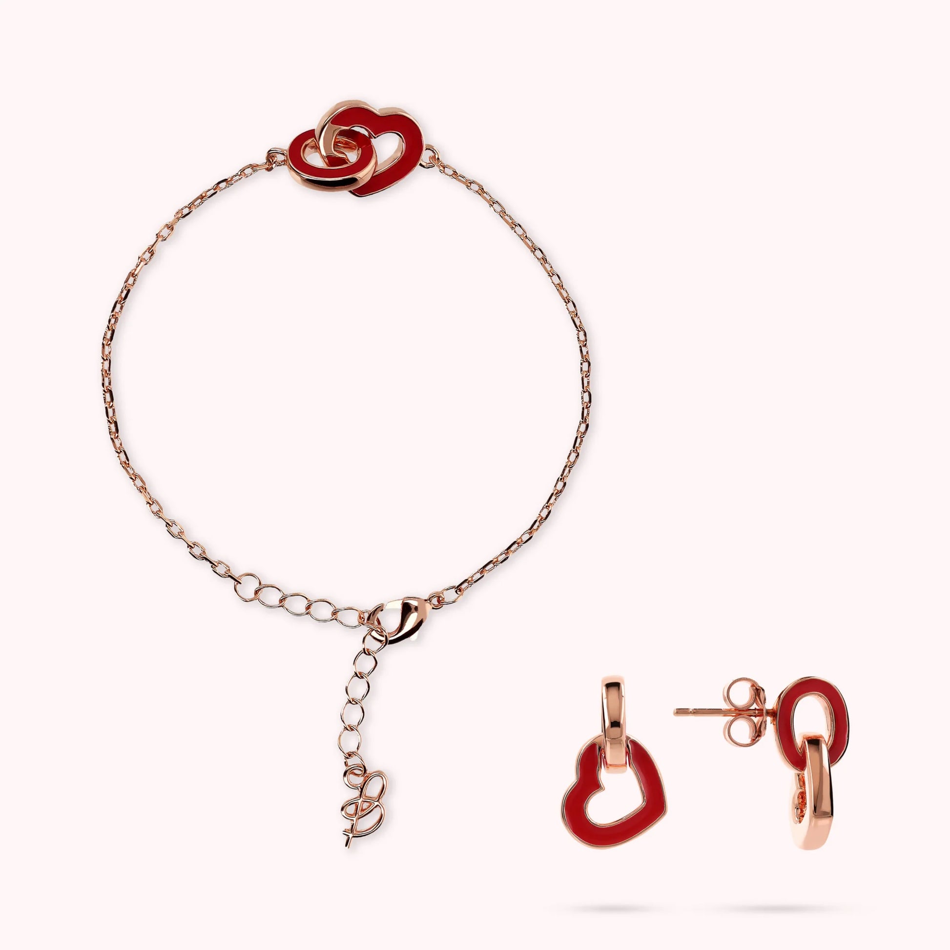 Set Bracciale e Orecchini Pendenti con Doppio Elemento Smaltato Cuore e Maglia Ovale