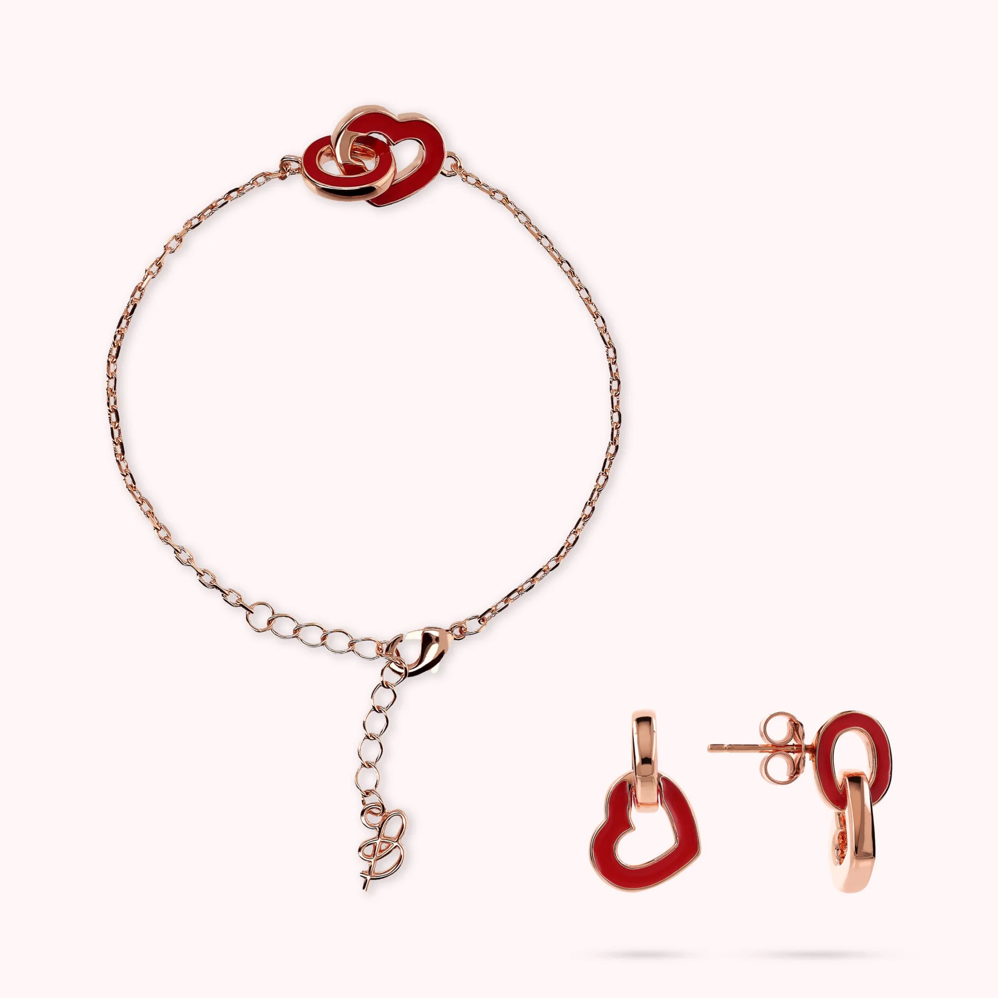 Bracelet and Dangle Earrings Set with Double Enamel Heart Element and Oval Link