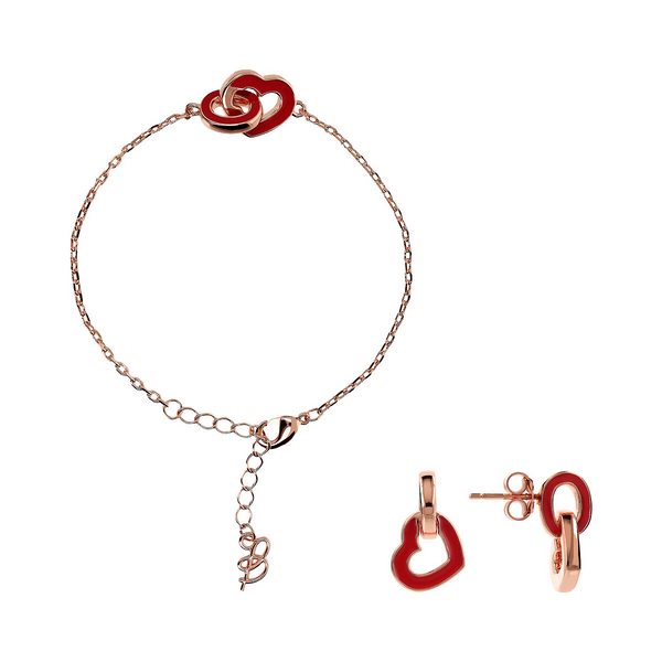 Parure Bracelet et Boucles d'oreilles Pendantes avec Double Élément Émaillé Rouge Coeur et Maillon Ovale