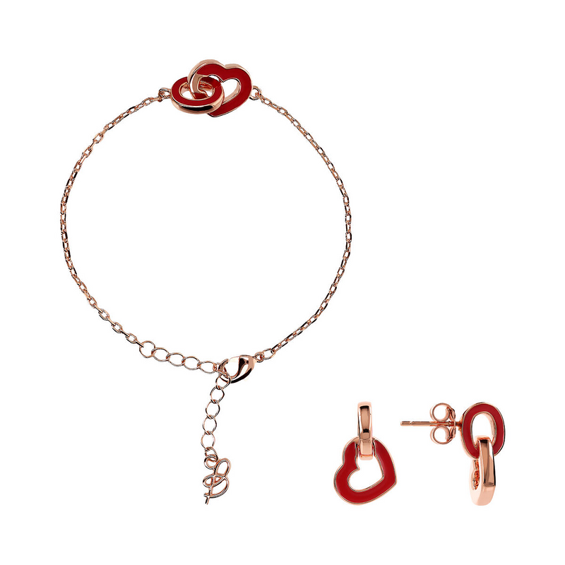 Set of Bracelet and Earrings with Double Enamelled Heart Element and Oval Link