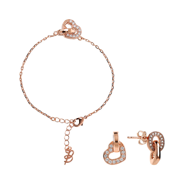 Parure Bracelet et Boucles d'Oreilles Pendantes avec Double Élément Pavé Cœur et Maillon Ovale en Zircons Cubiques