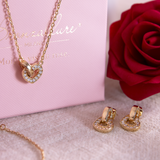 Set of a Golden Necklace and Pendant Earrings with Double Pavé Heart Element and Oval Link