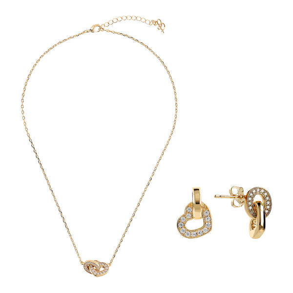 Set of a Golden Necklace and Pendant Earrings with Double Pavé Heart Element and Oval Link