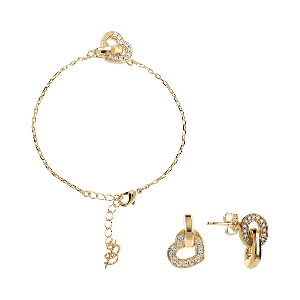 Set of Golden Bracelet and Drop Earrings with Double Pavé Heart Element and Oval Link