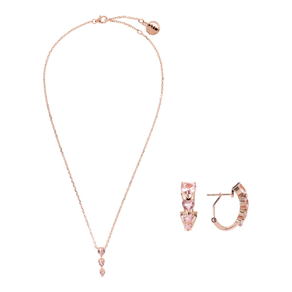 Heart Necklace and Earrings Set with Pink Cubic Zirconia