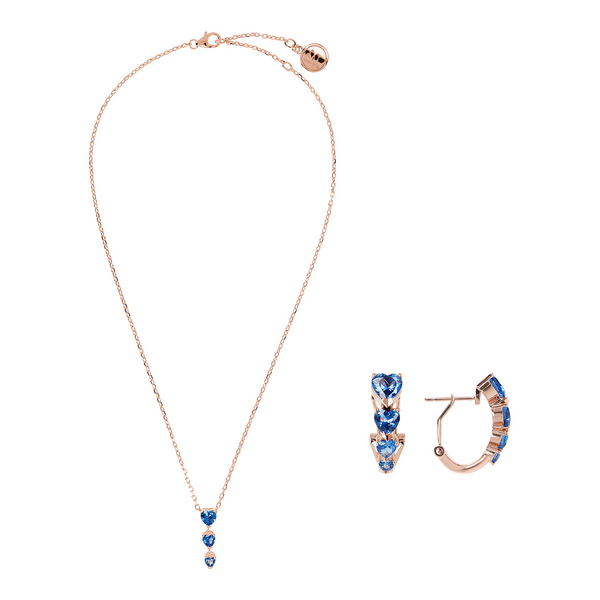 Set of Heart Necklace and Earrings with Blue Cubic Zirconia