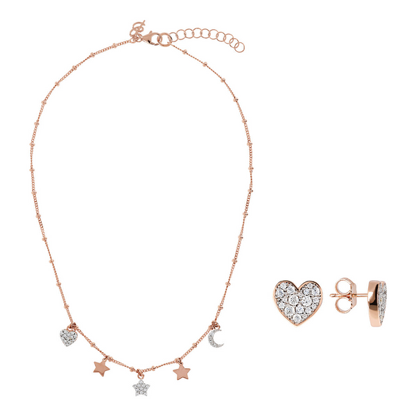 Set of Necklace with Pavé Heart Charms and Earrings in White Cubic Zirconia