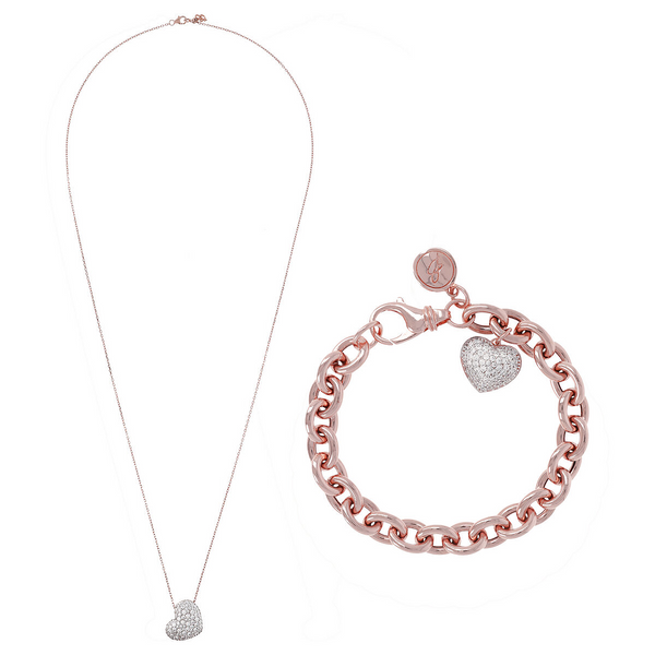 Set of Necklace, Bracelet and Earrings with Pavé Heart in White Cubic Zirconia