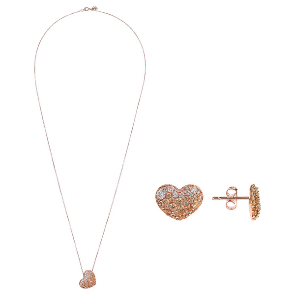 Set of Pavé Heart Necklace and Earrings in Champagne Cubic Zirconia