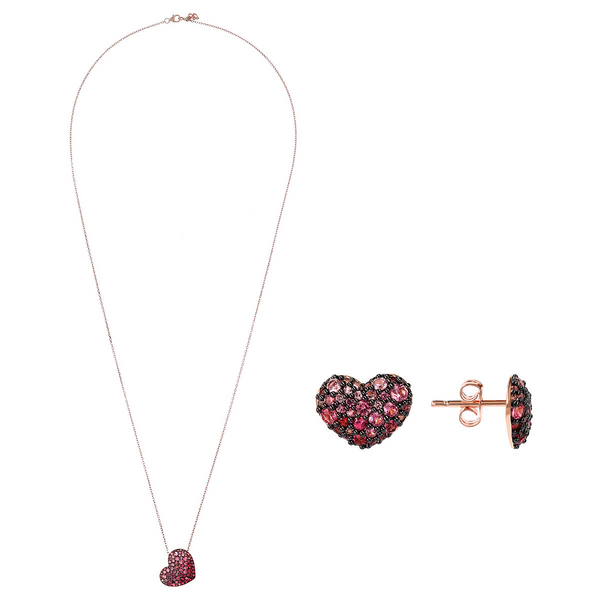 Set of Necklace and Earrings with Pavé Heart in Pink Cubic Zirconia