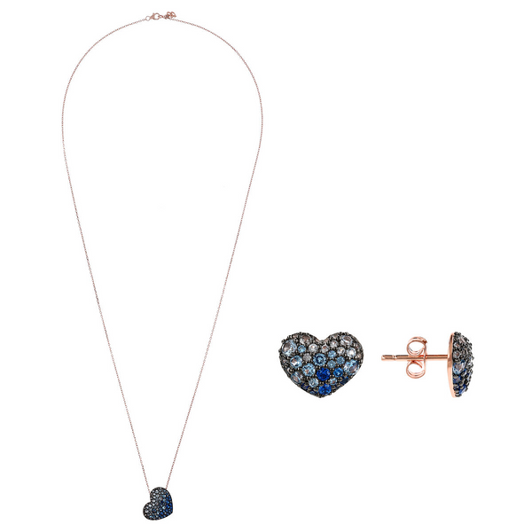 Parure Collier et Boucles d'Oreilles avec Cœurs Pavés en Zircons Cubiques Bleus