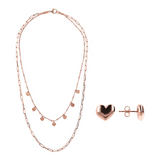 Set of Multistrand Necklace with Charms and Heart Lobe Earrings in Golden Rosé