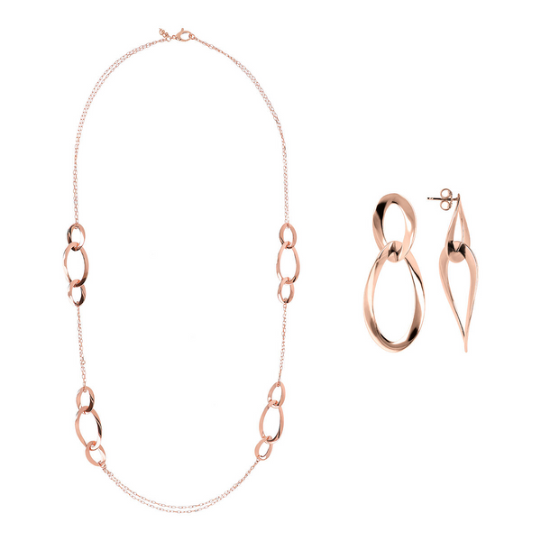 Set of Long Necklace and Pendant Earrings with Oval Links in Wave Design