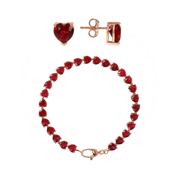 Parure Boucles d'Oreilles et Bracelet Tennis avec Cœurs en Zircons Cubiques Rouges
