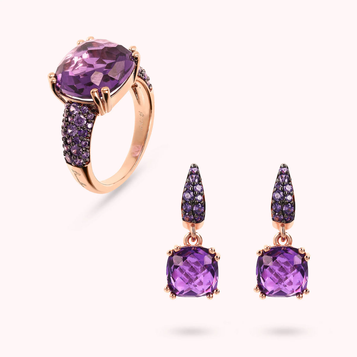 Set Orecchini + Anello Cocktail con Prisma Gem Viola e Pavé