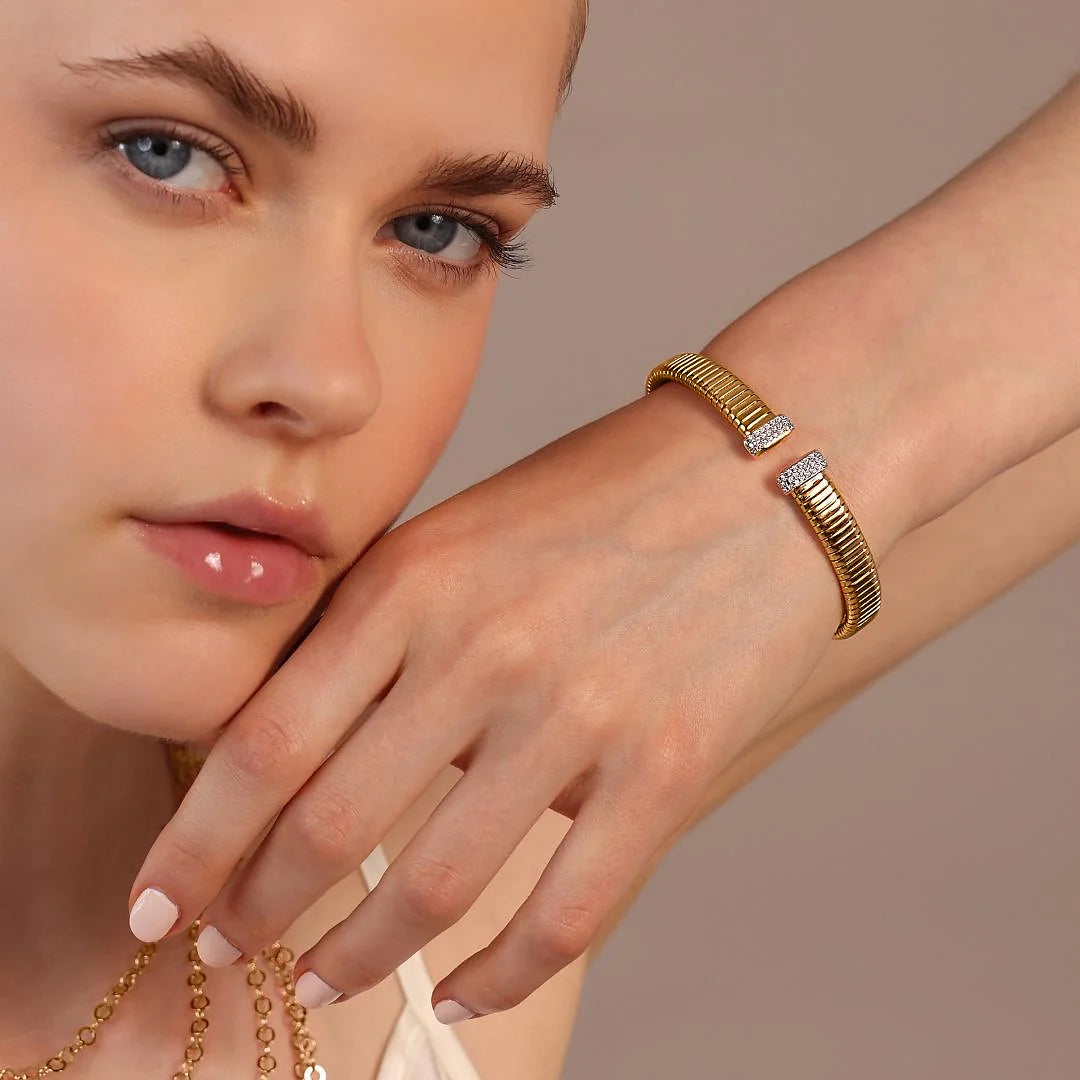 Golden Rigid Tubogas Bracelet with Cubic Zirconia Pavé